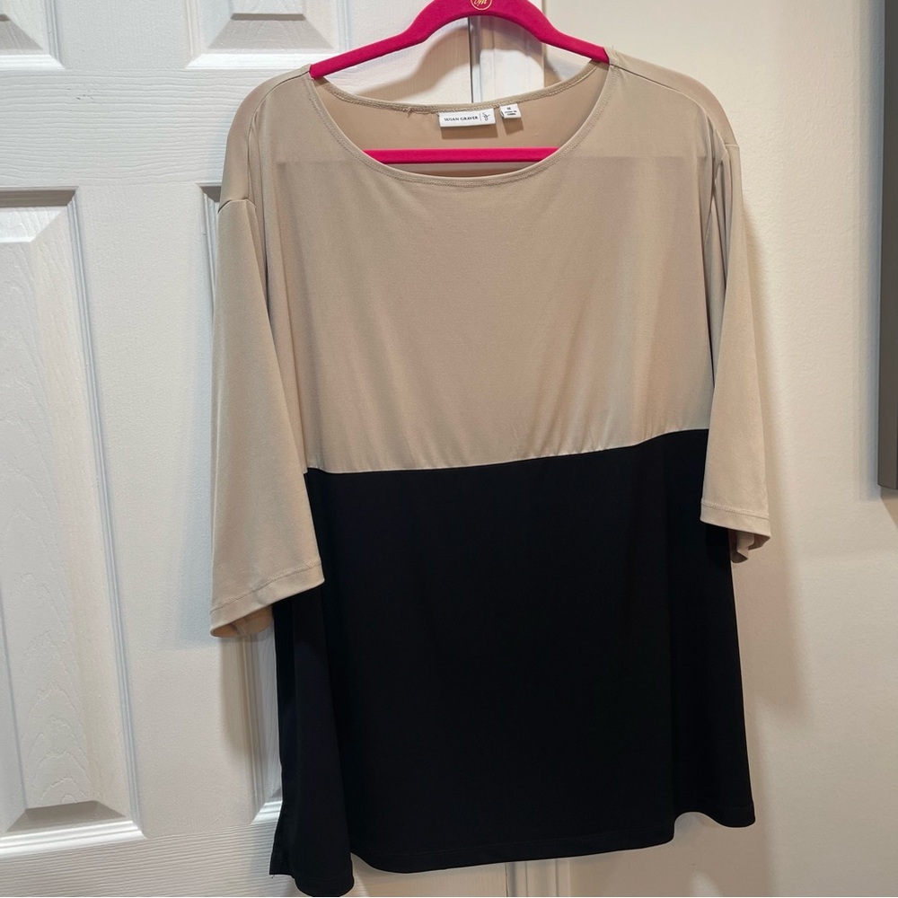 Susan Graver Cream and Tan 3/4 Sleeve Boxy Blouse nwot